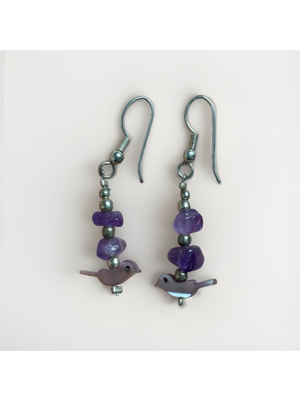Purple Amethyst Carved Shell Bird Fetish Earrings Pierced Dangle Drop